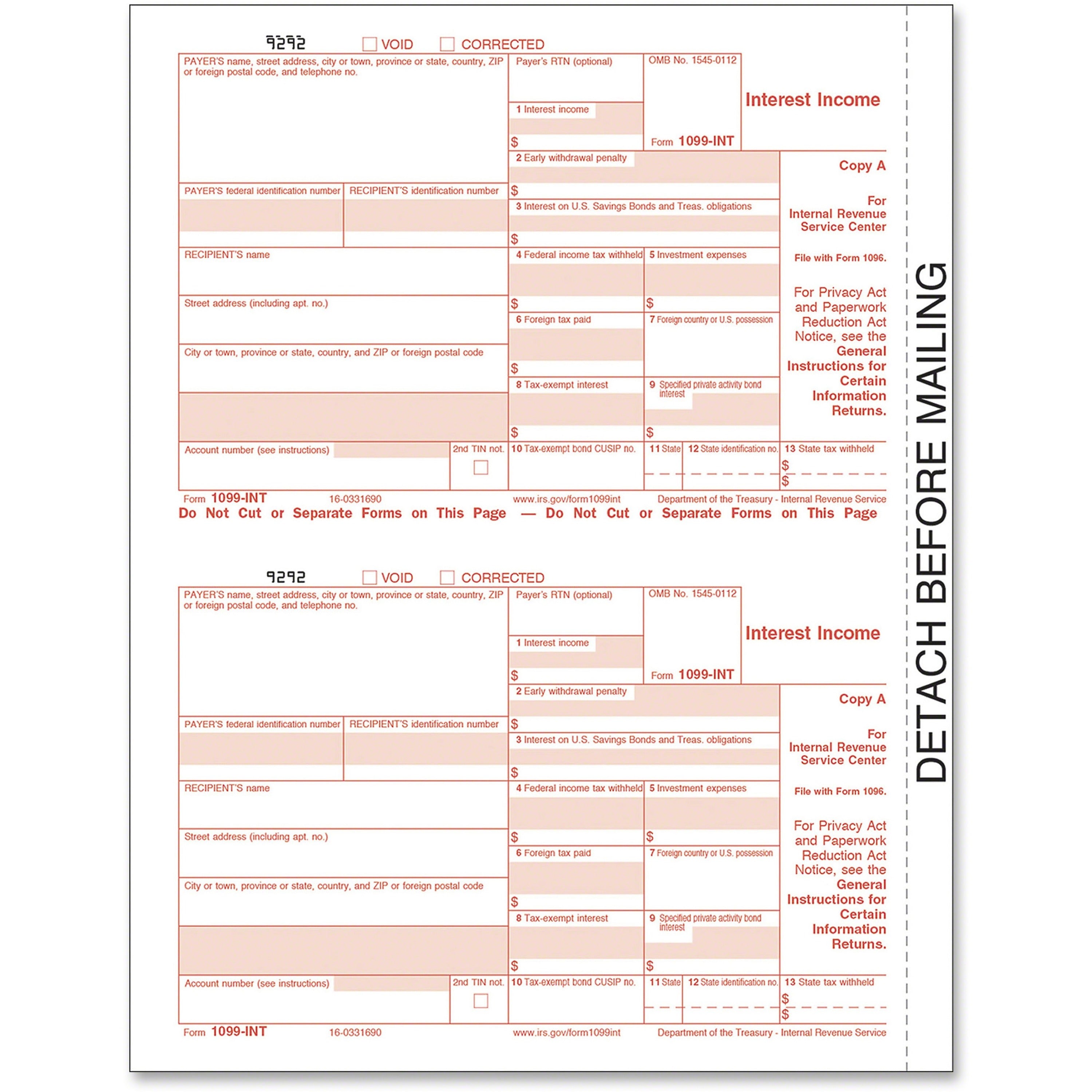 TOPS IRS Approved 4-part 1099-INT KIT Tax Forms - 5 Part - Carbonless Copy - 5.50" x 3.67" Form Size - 9" x 11" Sheet Size - White Sheet(s) - Red Print Color - 24 / Pack