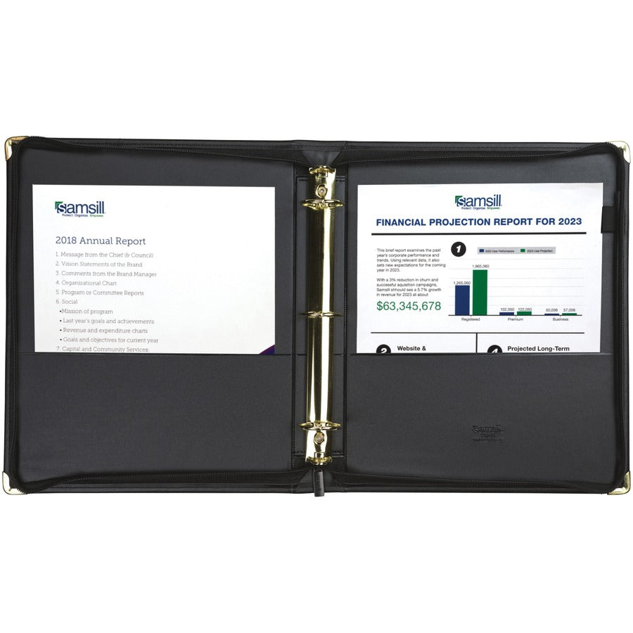 Samsill Classic 1.5 Inch Professional Binder with Zipper Closure - Black - Samsill Classic Professional Binder - 3 Ring Binder with 1.5 Inch Brass Round Rings and Zipper Closure - Portfolio Binder - Brass Corner Accents - Black
