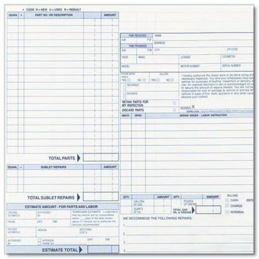 Rediform 4P489 Polypack Auto Repair Order Form - 4 Part - Carbonless Copy - 8.50" x 11" Form Size - 50 Set