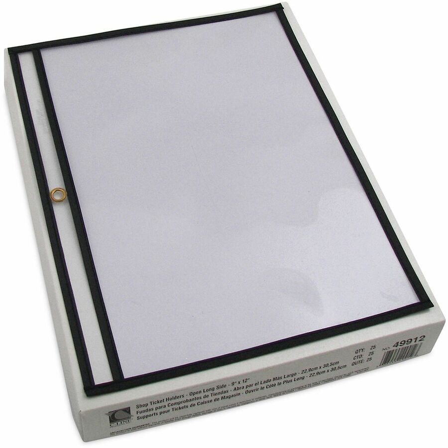 C-Line Side Load Stitched Shop Ticket Holders - Support 9" x 12" Media - Vinyl - Black, Clear - Sturdy, Reinforced, Heavyweight - 25 / Box
