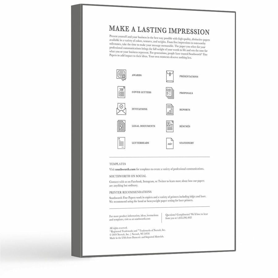 Southworth 100% Cotton Resume Paper - Letter - 8 1/2" x 11" - 32 lb Basis Weight - Wove - Acid-free, Watermarked - White - 100 / Box