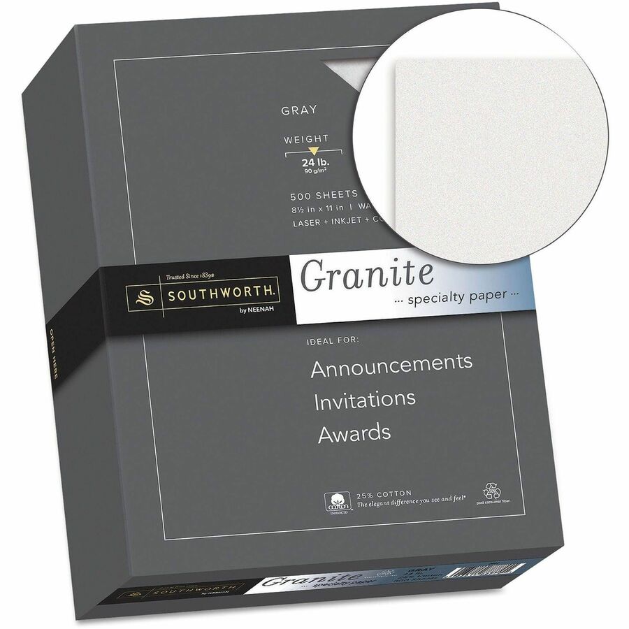 Southworth Granite Specialty Paper - Gray - Letter - 8 1/2" x 11" - 24 lb Basis Weight - Granite - Acid-free, Lignin-free - Gray - 1 Box