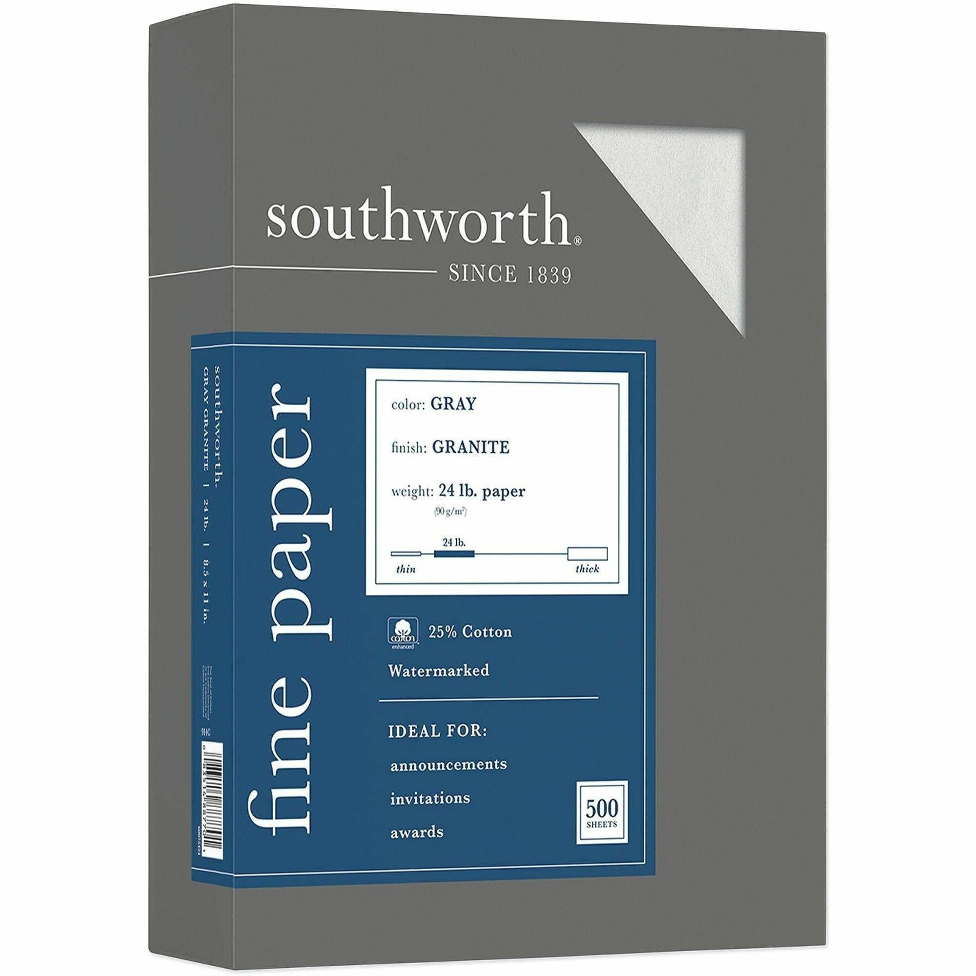 Southworth Granite Specialty Paper - Gray - Letter - 8 1/2" x 11" - 24 lb Basis Weight - Granite - Acid-free, Lignin-free - Gray - 1 Box