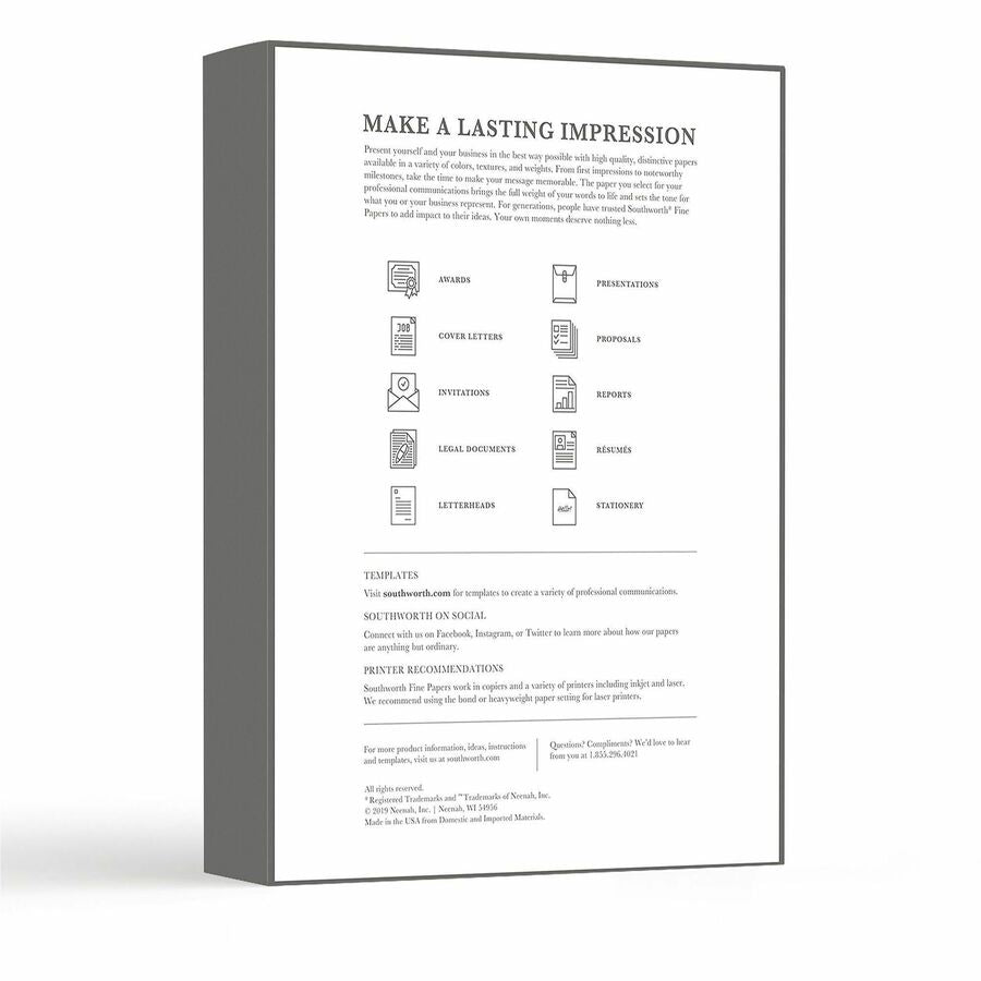 Southworth Quality Bond Paper - White - Letter - 8 1/2" x 11" - 20 lb Basis Weight - Wove - Watermarked, Acid-free, Date-coded - White - 500 / Ream