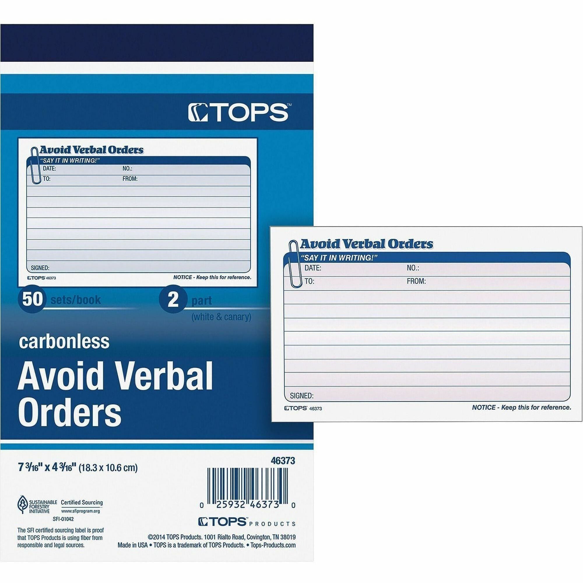 TOPS Avoid Verbal Orders Book - 50 Sheet(s) - 2 Part - Carbonless Copy - 4.25" x 7" Form Size - White - 1 Each
