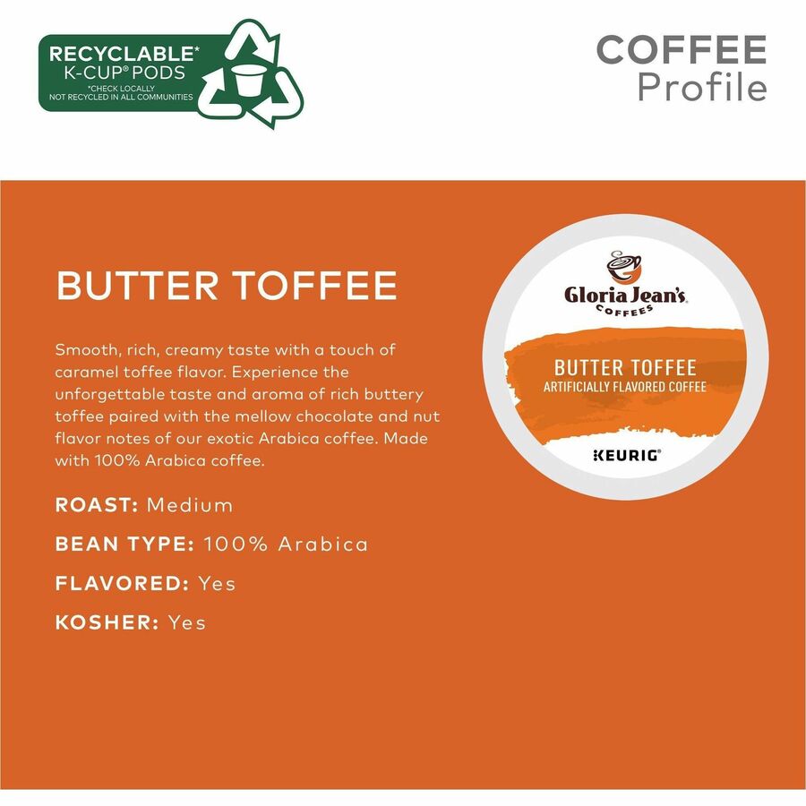 Gloria Jean's K-Cup, Pod Butter Toffee, Keurig Single-Serve K-Cup Pods, Medium Roast Coffee, 24 Count - Compatible with Keurig Brewer - Regular - Medium - K-Cup, Pod - Butter - Kosher - 24 / Box