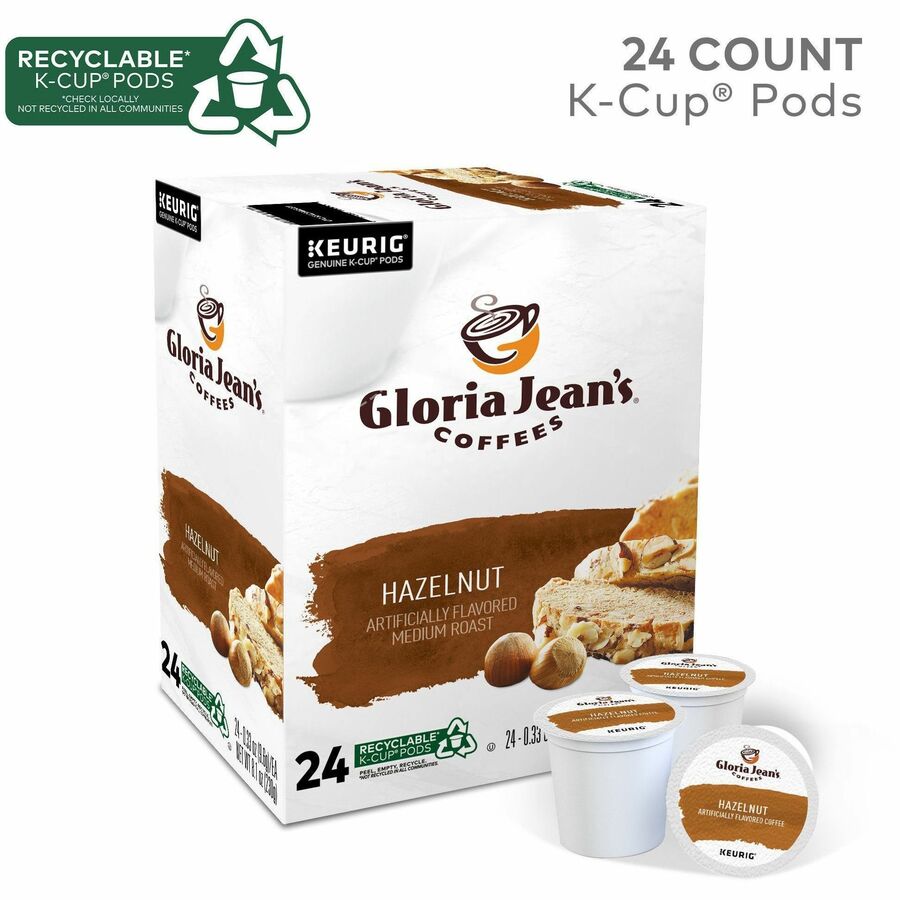 Gloria Jean's K-Cup, Pod Hazelnut Keurig Single-Serve K-Cup Pods, Medium Roast Coffee, 24 Count - Compatible with Keurig Brewer - Regular - Medium - K-Cup, Pod - Hazelnut - Kosher - 24 / Box