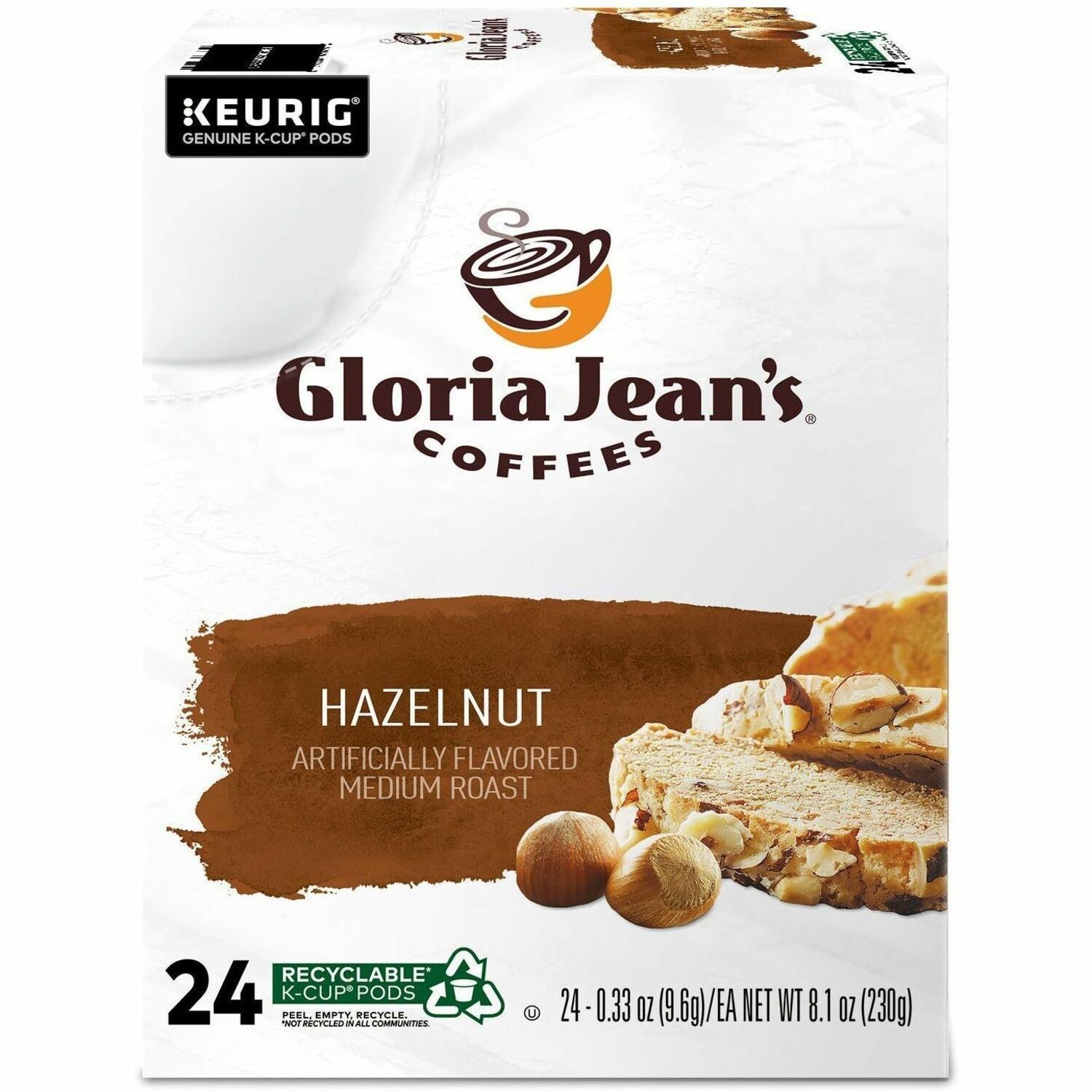 Gloria Jean's K-Cup, Pod Hazelnut Keurig Single-Serve K-Cup Pods, Medium Roast Coffee, 24 Count - Compatible with Keurig Brewer - Regular - Medium - K-Cup, Pod - Hazelnut - Kosher - 24 / Box