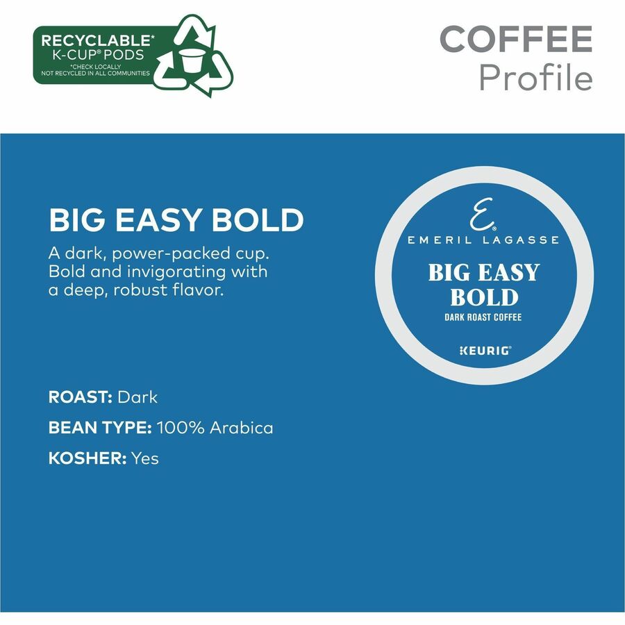 Emeril's K-Cup, Pod Big Easy Bold Coffee - Compatible with Keurig Brewer - Regular - Dark - K-Cup, Pod - Roasted - Kosher - 24 / Box