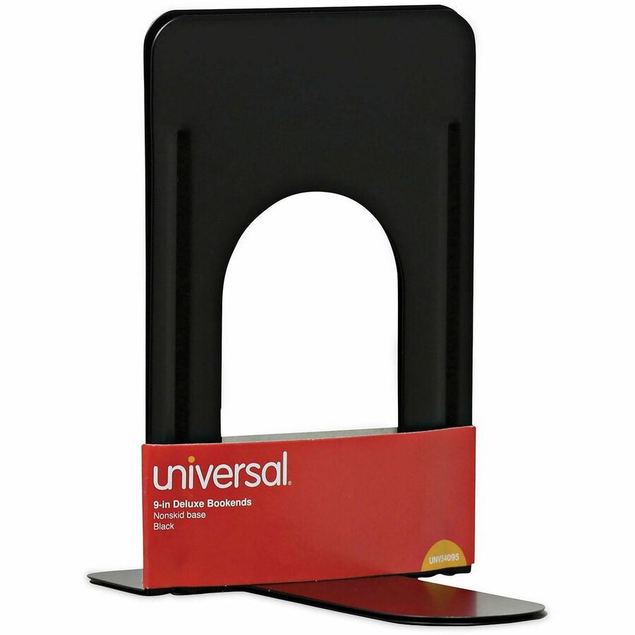 Universal Bookend - 9" Height x 5.88" Width x 8.25" Depth - Non-skid Base, Rounded Corner - Enamel - Black - Steel, Metal - 1 Pair