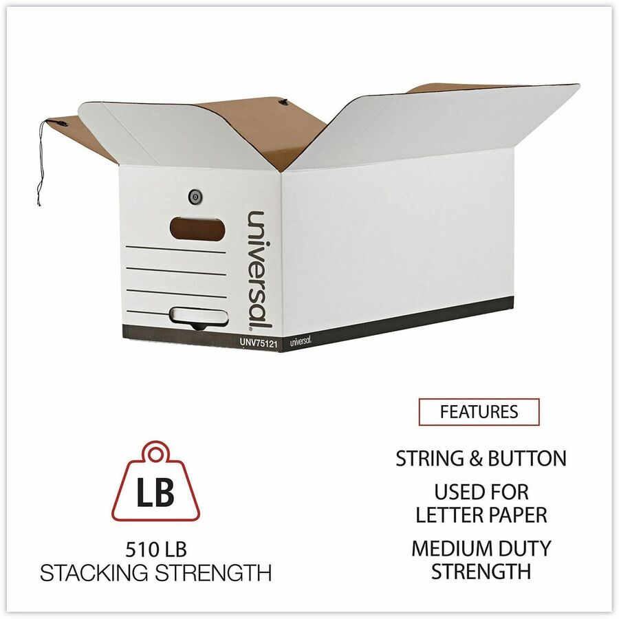 Universal Deluxe Quick Set-up String-and-Button Boxes, Letter Files, White, 12/Carton - Internal Dimensions: 12" Width x 24" Depth x 10" Height - Media Size Supported: Letter - Flap, String/Button Closure - Medium Duty - Stackable - Corrugated Fiberboa...