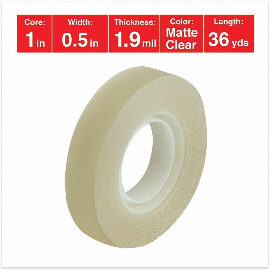 Universal Invisible Tape, 1" Core, 0.5" x 36 yds, Clear - 36 yd Length x 0.50" Width x 2 mil Thickness - 1" Core - Matte - Clear - Acrylic - Plastic Backing - 1 Roll