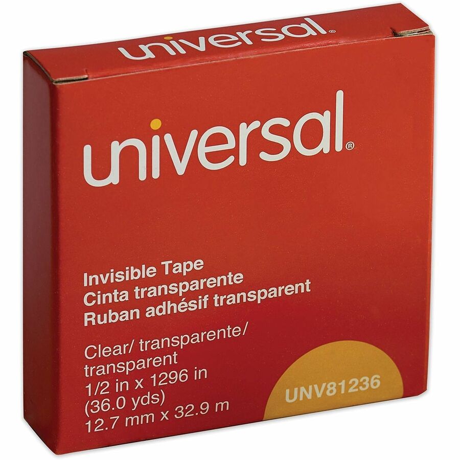 Universal Invisible Tape, 1" Core, 0.5" x 36 yds, Clear - 36 yd Length x 0.50" Width x 2 mil Thickness - 1" Core - Matte - Clear - Acrylic - Plastic Backing - 1 Roll