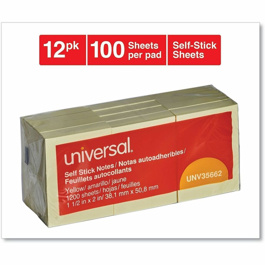 Universal Note Pad - 100 x Yellow - 1 1/2" Flag/Note Width x 2" Flag/Note Length - Rectangle - 100 Sheets per Pad - Yellow - Self-stick, Residue-free - 12 / Pack