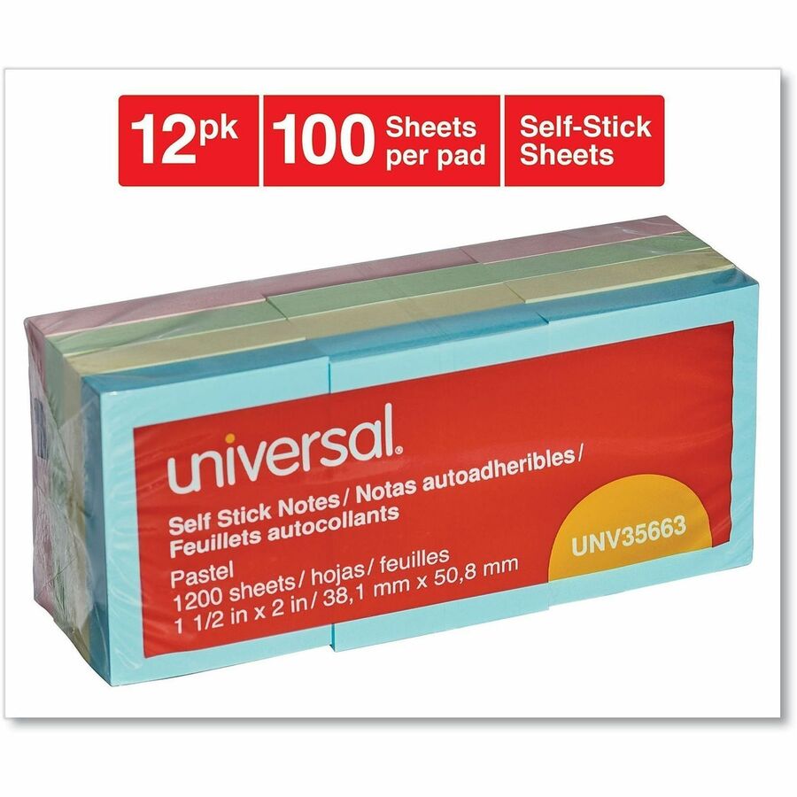 Universal Note Pad - 100 x Assorted Pastel - 1 1/2" Flag/Note Width x 2" Flag/Note Length - Rectangle - 100 Sheets per Pad - Assorted Pastel - Self-stick, Residue-free - 12 / Pack