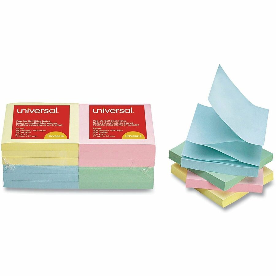 Universal Note Pad - 100 x Assorted Pastel - 3" Flag/Note Width x 3" Flag/Note Length - Square - 100 Sheets per Pad - Pastel Assorted - Self-stick, Residue-free, Fanfold, Pop-up, Repositionable, Adhesive - 12 / Pack