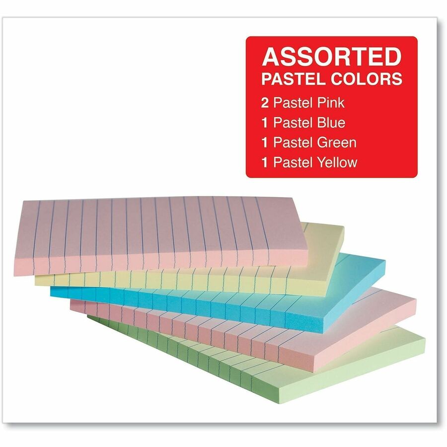 Universal Note Pad - 100 x Assorted Pastel - 4" Flag/Note Width x 6" Flag/Note Length - Rectangle - 100 Sheets per Pad - Ruled - Assorted Pastel - Self-stick, Residue-free - 5 / Pack