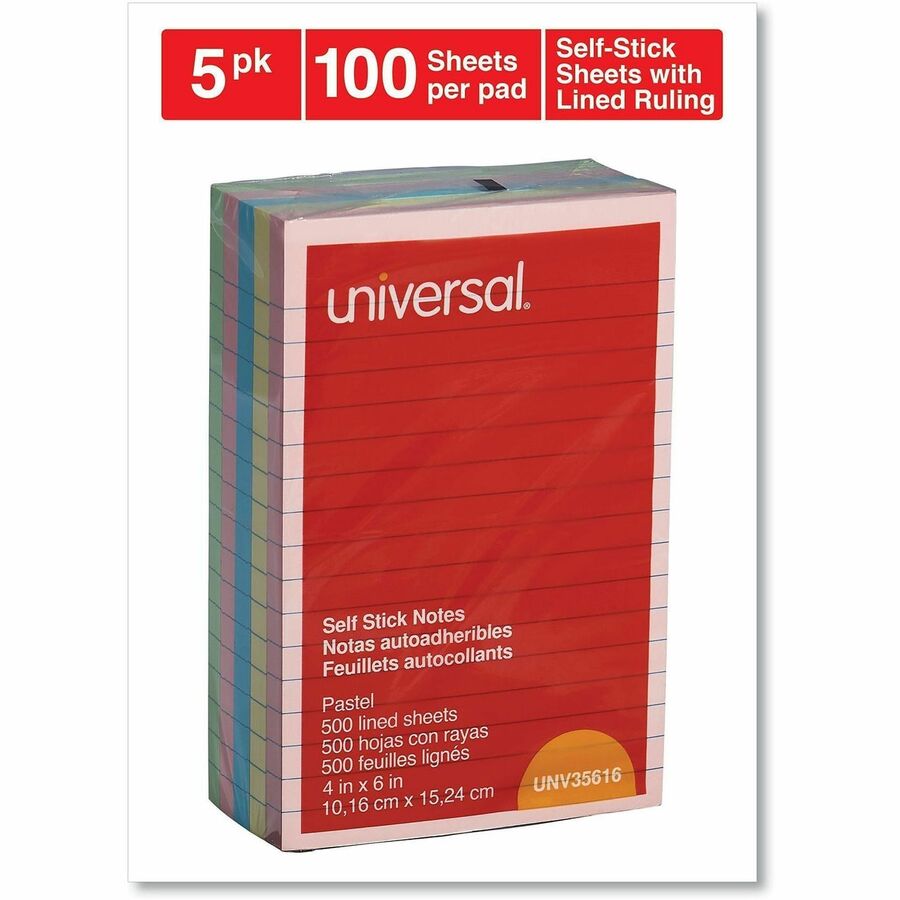 Universal Note Pad - 100 x Assorted Pastel - 4" Flag/Note Width x 6" Flag/Note Length - Rectangle - 100 Sheets per Pad - Ruled - Assorted Pastel - Self-stick, Residue-free - 5 / Pack