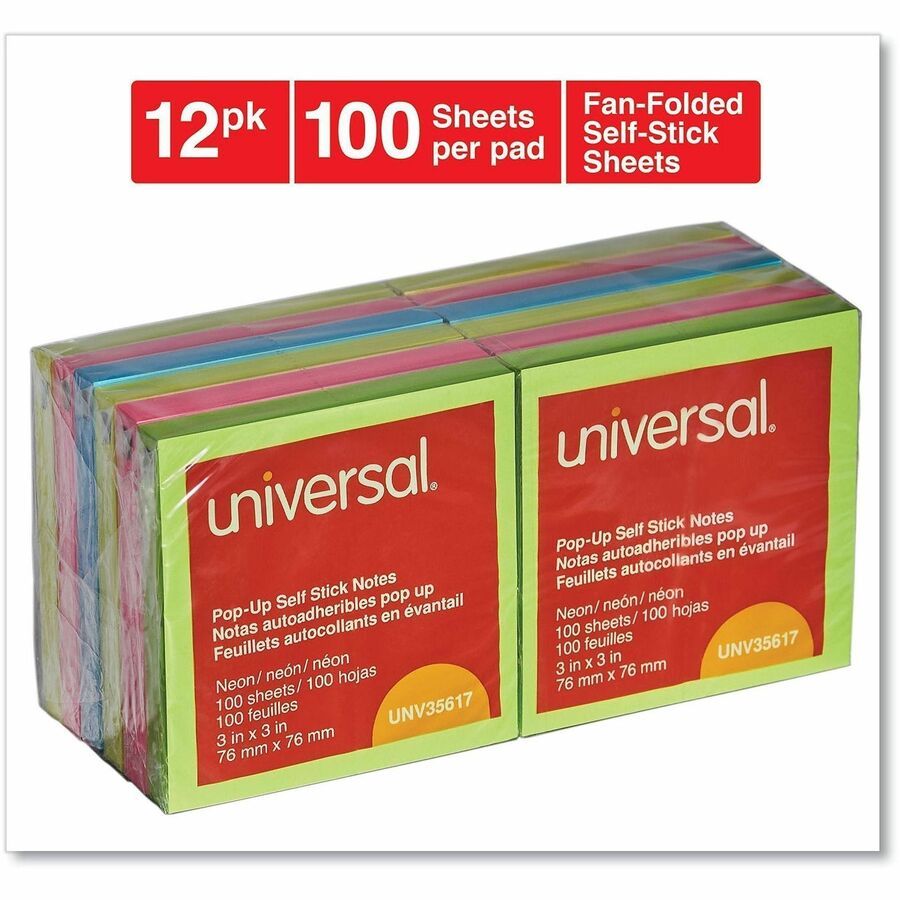 Universal Note Pad - 100 x Assorted Neon - 3" Flag/Note Width x 3" Flag/Note Length - Square - 100 Sheets per Pad - Neon Assorted - Self-stick, Residue-free, Fanfold, Pop-up, Repositionable, Adhesive - 12 / Pack