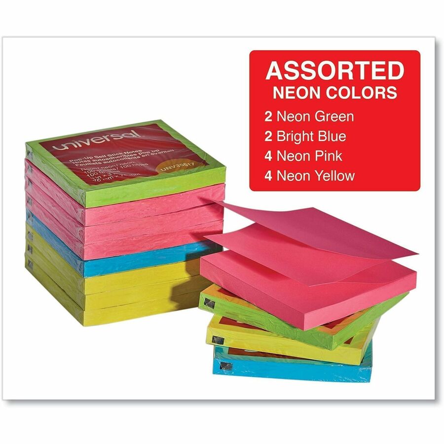 Universal Note Pad - 100 x Assorted Neon - 3" Flag/Note Width x 3" Flag/Note Length - Square - 100 Sheets per Pad - Neon Assorted - Self-stick, Residue-free, Fanfold, Pop-up, Repositionable, Adhesive - 12 / Pack