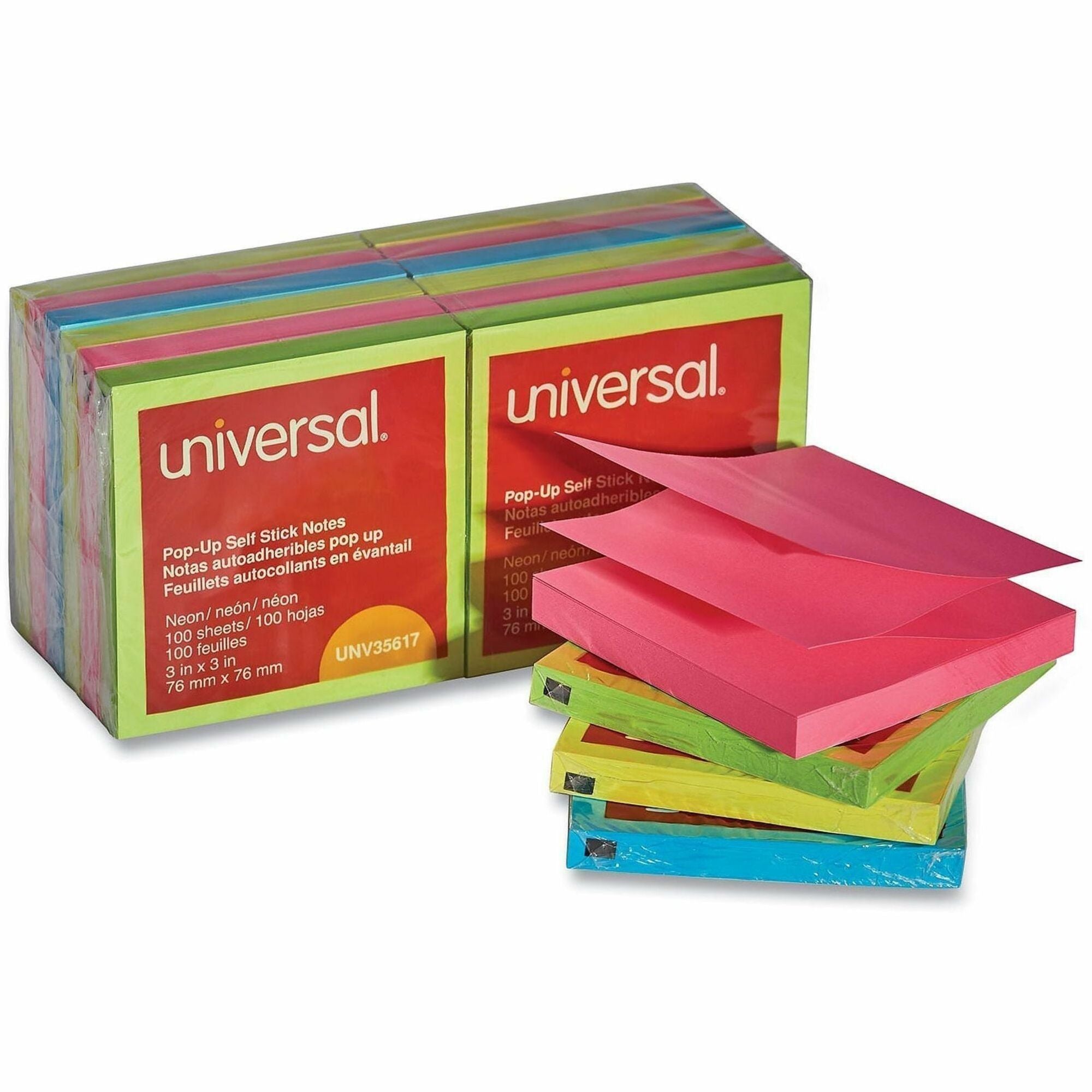 Universal Note Pad - 100 x Assorted Neon - 3" Flag/Note Width x 3" Flag/Note Length - Square - 100 Sheets per Pad - Neon Assorted - Self-stick, Residue-free, Fanfold, Pop-up, Repositionable, Adhesive - 12 / Pack