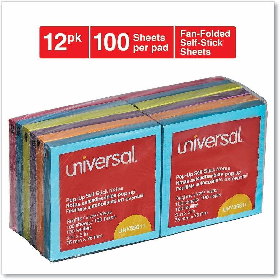 Universal Note Pad - 100 x Bright Assorted - 3" Flag/Note Width x 3" Flag/Note Length - Square - 100 Sheets per Pad - Assorted Bright - Self-stick, Residue-free, Fanfold, Pop-up, Repositionable, Adhesive - 12 / Pack