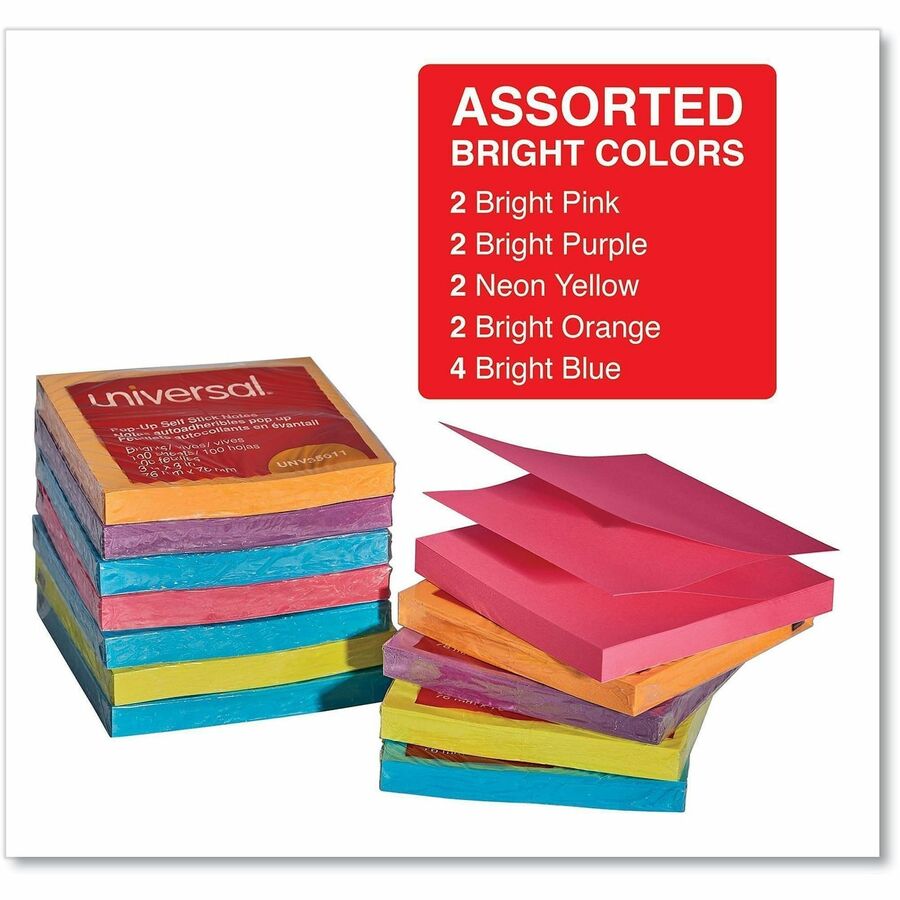 Universal Note Pad - 100 x Bright Assorted - 3" Flag/Note Width x 3" Flag/Note Length - Square - 100 Sheets per Pad - Assorted Bright - Self-stick, Residue-free, Fanfold, Pop-up, Repositionable, Adhesive - 12 / Pack
