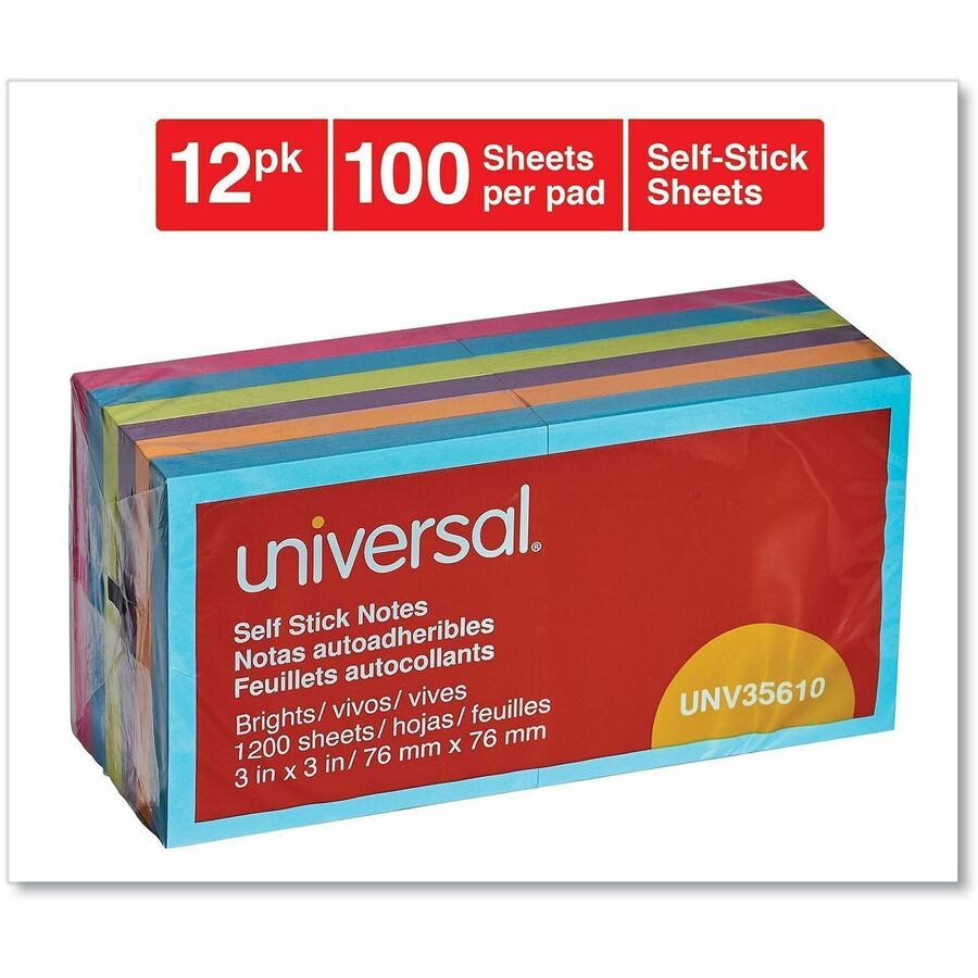 Universal Note Pad - 100 x Bright Assorted - 3" Flag/Note Width x 3" Flag/Note Length - Square - 100 Sheets per Pad - Assorted Bright - Self-stick, Residue-free - 12 / Pack