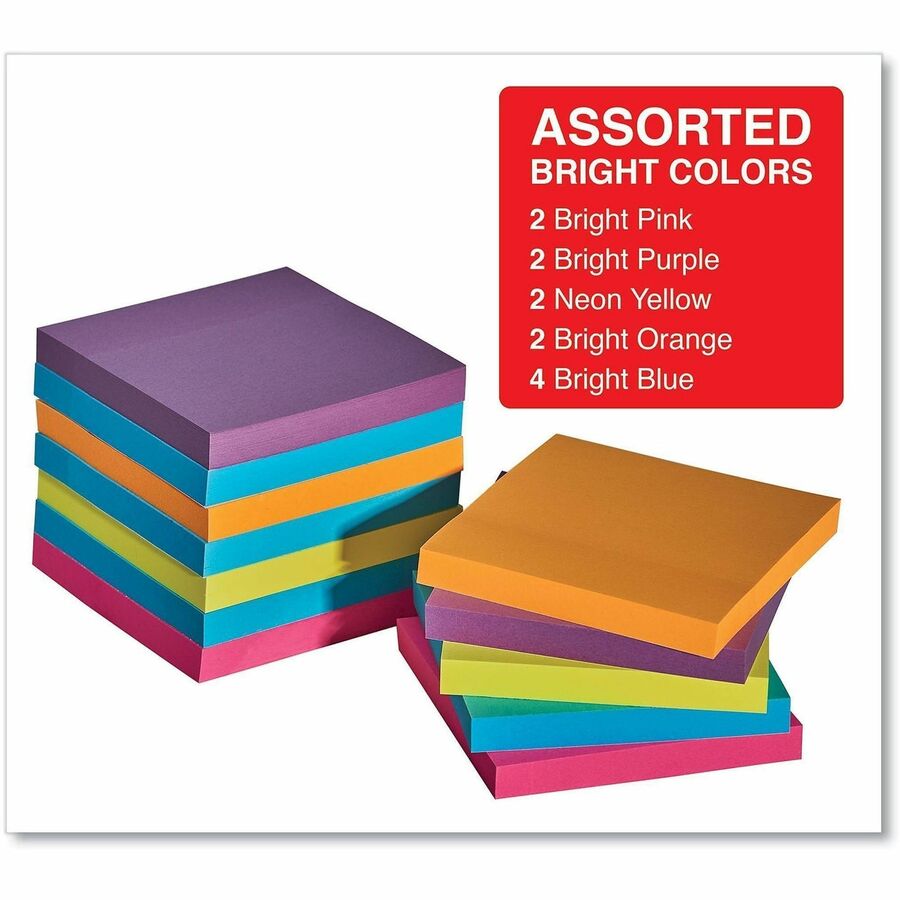 Universal Note Pad - 100 x Bright Assorted - 3" Flag/Note Width x 3" Flag/Note Length - Square - 100 Sheets per Pad - Assorted Bright - Self-stick, Residue-free - 12 / Pack