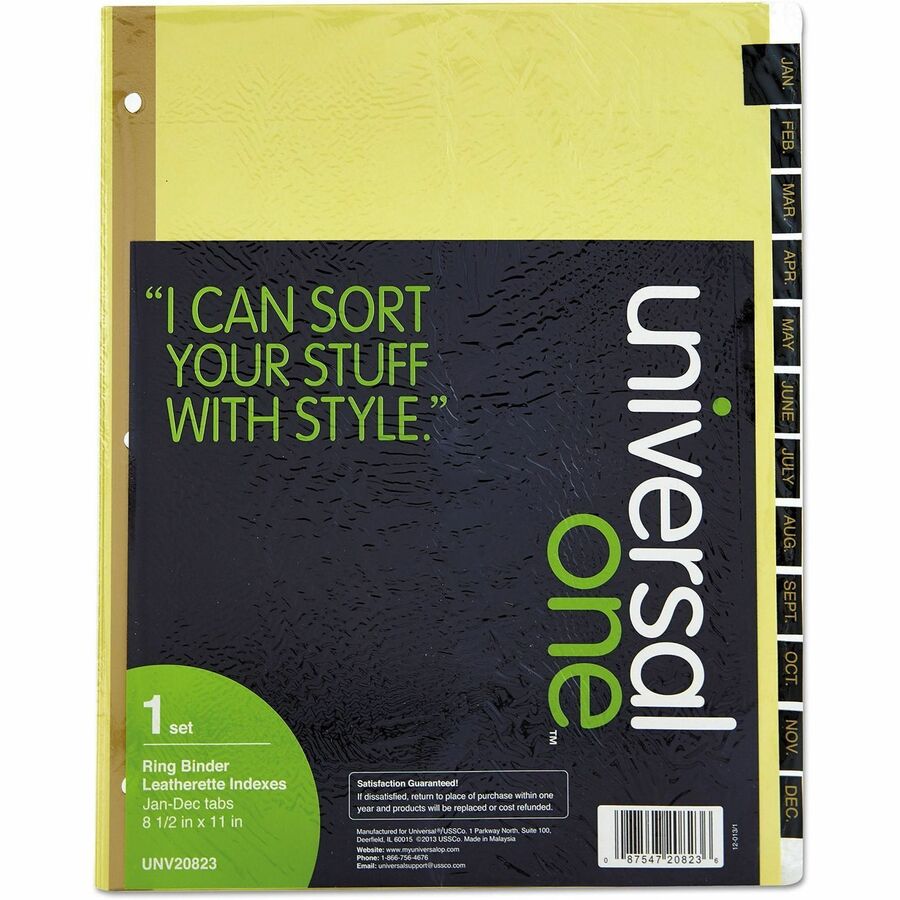 Universal Index Divider - 1 x Divider(s) - 12 Printed Side Tab(s) - Month - Jan-Dec - 8.5" Divider Width x 11" Divider Length - Letter - 3 Hole Punched - Buff Paper Divider - Black Simulated Leather Tab(s) - 20% Recycled - Mylar Reinforced Edge - 1 Set