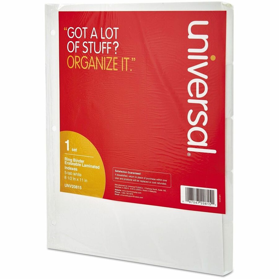 Universal Deluxe Write-On/Erasable Tab Index, 5-Tab, 11 x 8.5, White, White Tabs, 1 Set - 5 Side Tab(s) - 3 Hole Punched - White Paper Divider - White Paper Tab(s) - Customizable, Double-sided, Reinforced Edges, Laminated Tab - 1 Set