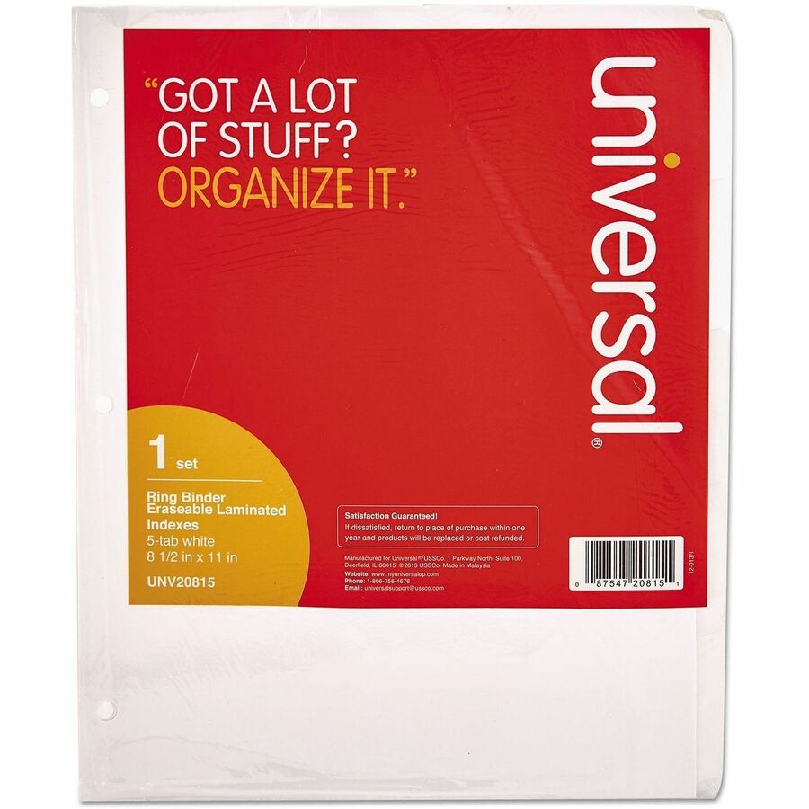 Universal Deluxe Write-On/Erasable Tab Index, 5-Tab, 11 x 8.5, White, White Tabs, 1 Set - 5 Side Tab(s) - 3 Hole Punched - White Paper Divider - White Paper Tab(s) - Customizable, Double-sided, Reinforced Edges, Laminated Tab - 1 Set