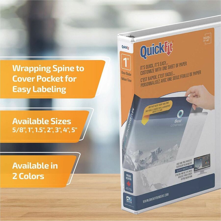 QuickFit View Binder, 3-Ring Binder, Angle D Ring, 1 Inch, White - 1" Binder Capacity - Letter - 8 1/2" x 11" Sheet Size - 225 Sheet Capacity - 3 x 1" Ring(s) - Fastener(s): D-Ring - Polypropylene - White - Recycled - Clear Overlay - 1 Each