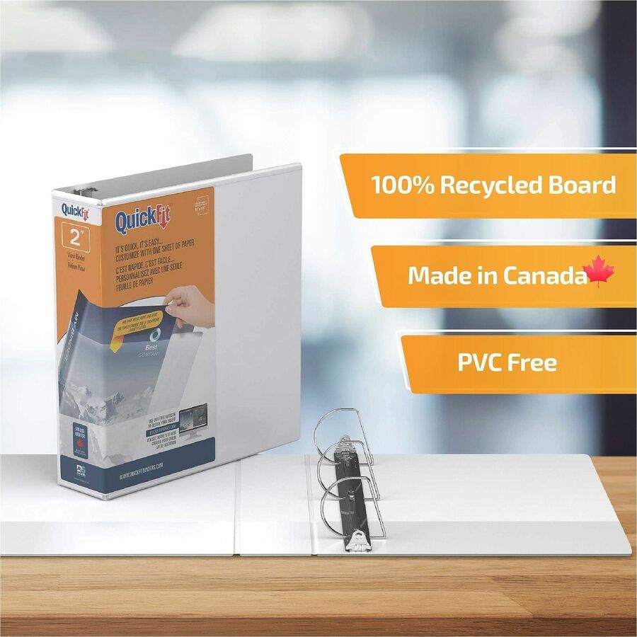 QuickFit View Binder, 3-Ring Binder, Angle D Ring, 2 Inch, White - 2" Binder Capacity - Letter - 8 1/2" x 11" Sheet Size - 500 Sheet Capacity - 3 x 2" Ring(s) - Fastener(s): D-Ring - Polypropylene - White - Recycled - Clear Overlay - 1 Each