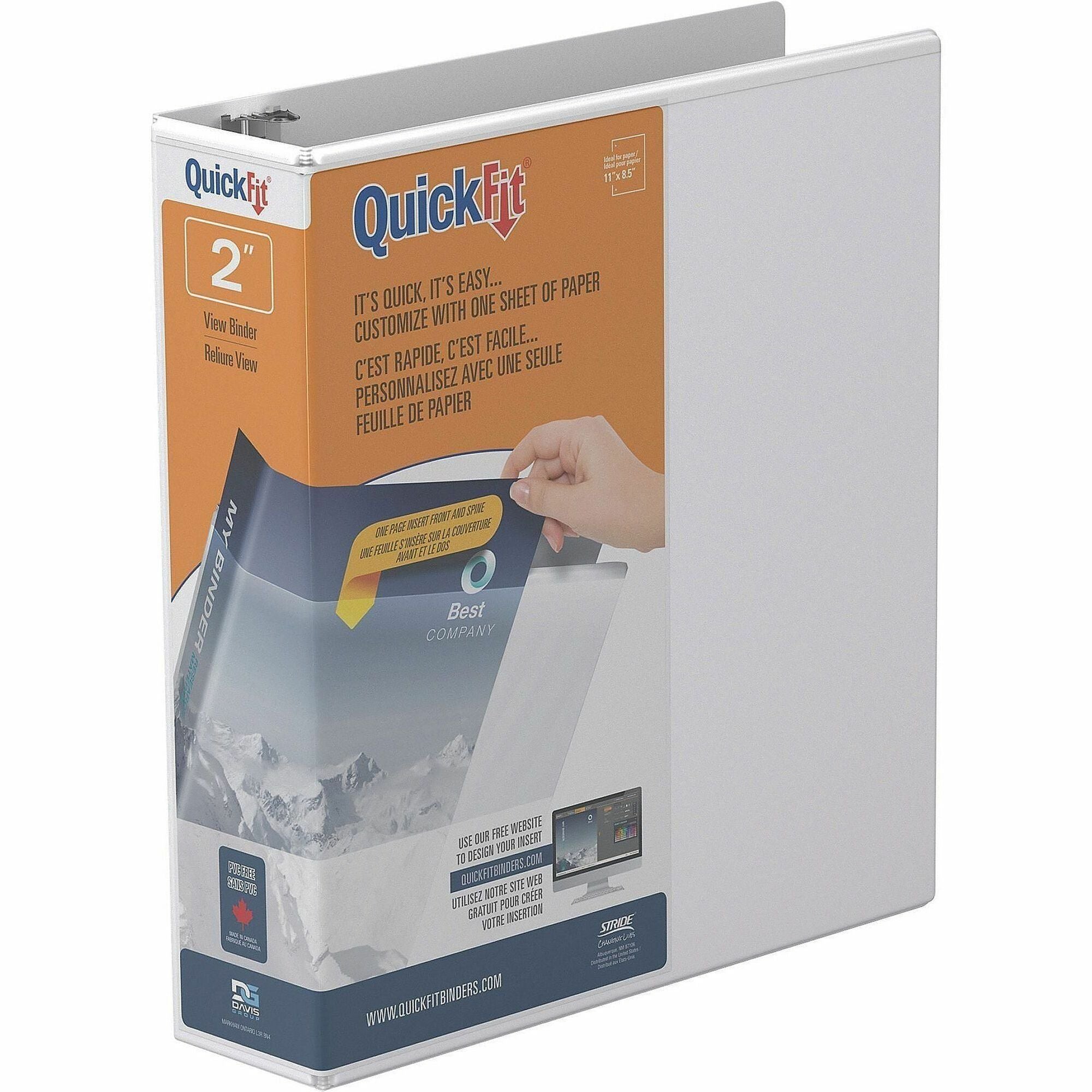 QuickFit View Binder, 3-Ring Binder, Angle D Ring, 2 Inch, White - 2" Binder Capacity - Letter - 8 1/2" x 11" Sheet Size - 500 Sheet Capacity - 3 x 2" Ring(s) - Fastener(s): D-Ring - Polypropylene - White - Recycled - Clear Overlay - 1 Each