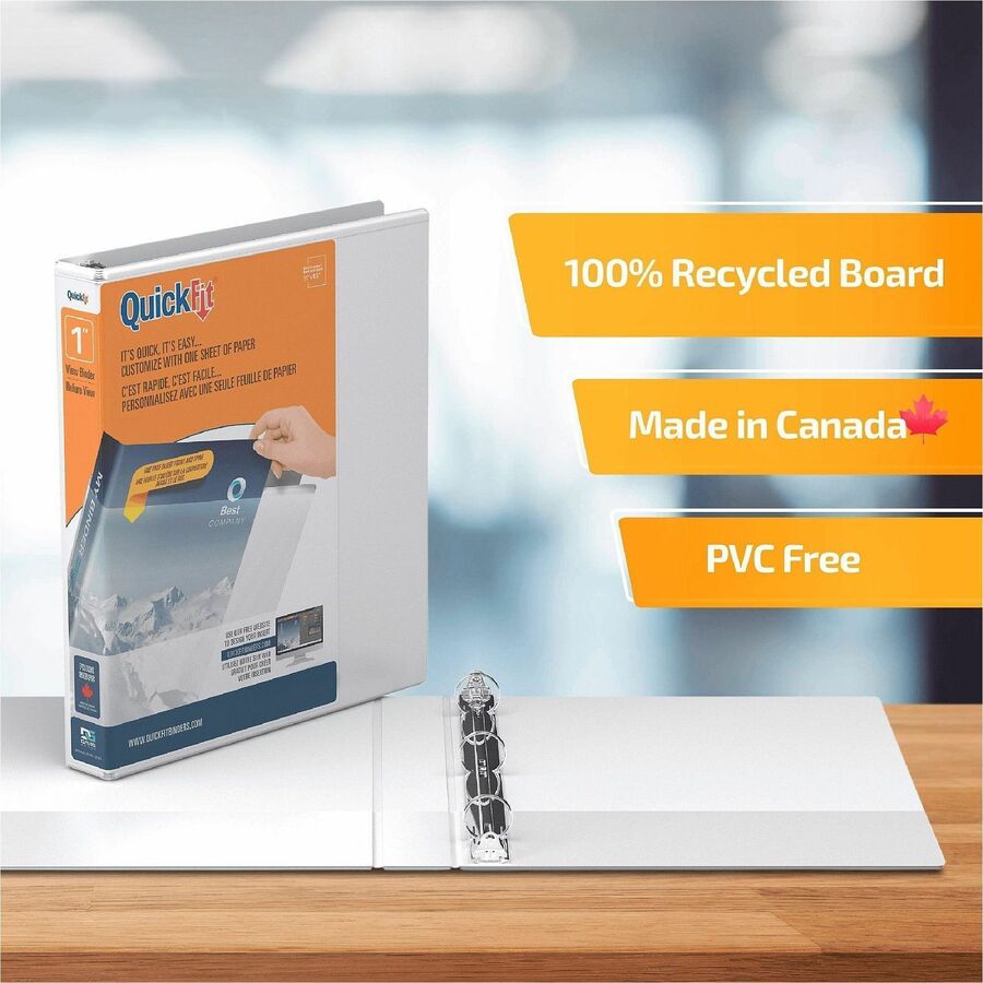 QuickFit Clear-View Binder, 3-Ring Binder, Round Ring, 1 Inch, White - 1" Binder Capacity - Letter - 8 1/2" x 11" Sheet Size - 200 Sheet Capacity - 3 x 1" Ring(s) - Fastener(s): Round Ring - Pocket(s): Internal - Polypropylene - White - Recycled - Easy...
