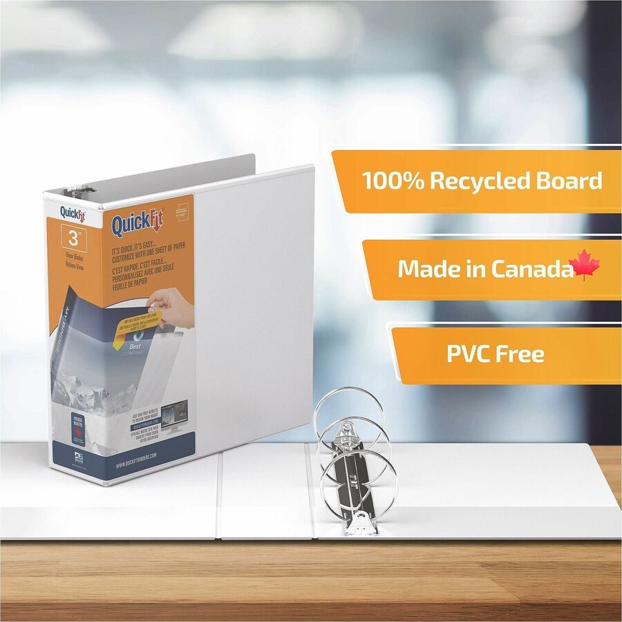 QuickFit Clear-View Binder, 3-Ring Binder, Round Ring, 3 Inch, White - 3" Binder Capacity - Letter - 8 1/2" x 11" Sheet Size - 600 Sheet Capacity - 3 x 3" Ring(s) - Fastener(s): Round Ring - Pocket(s): Internal - Polypropylene - White - Recycled - Easy...
