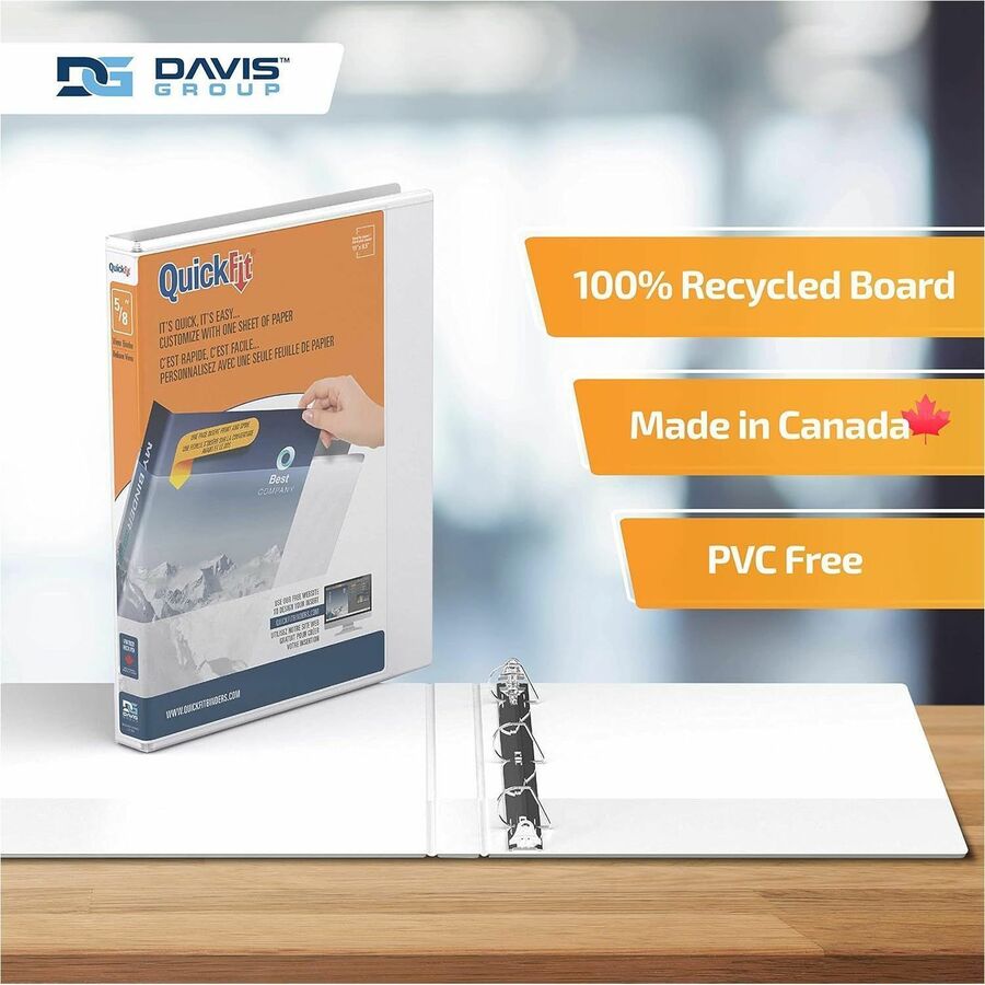 QuickFit View Binder, 3-Ring Binder, Angle D Ring, 5/8 Inch, White - 5/8" Binder Capacity - Letter - 8 1/2" x 11" Sheet Size - 150 Sheet Capacity - 3 x 0.63" Ring(s) - Fastener(s): D-Ring - Pocket(s): Internal - Polypropylene - White - Recycled - Clear...