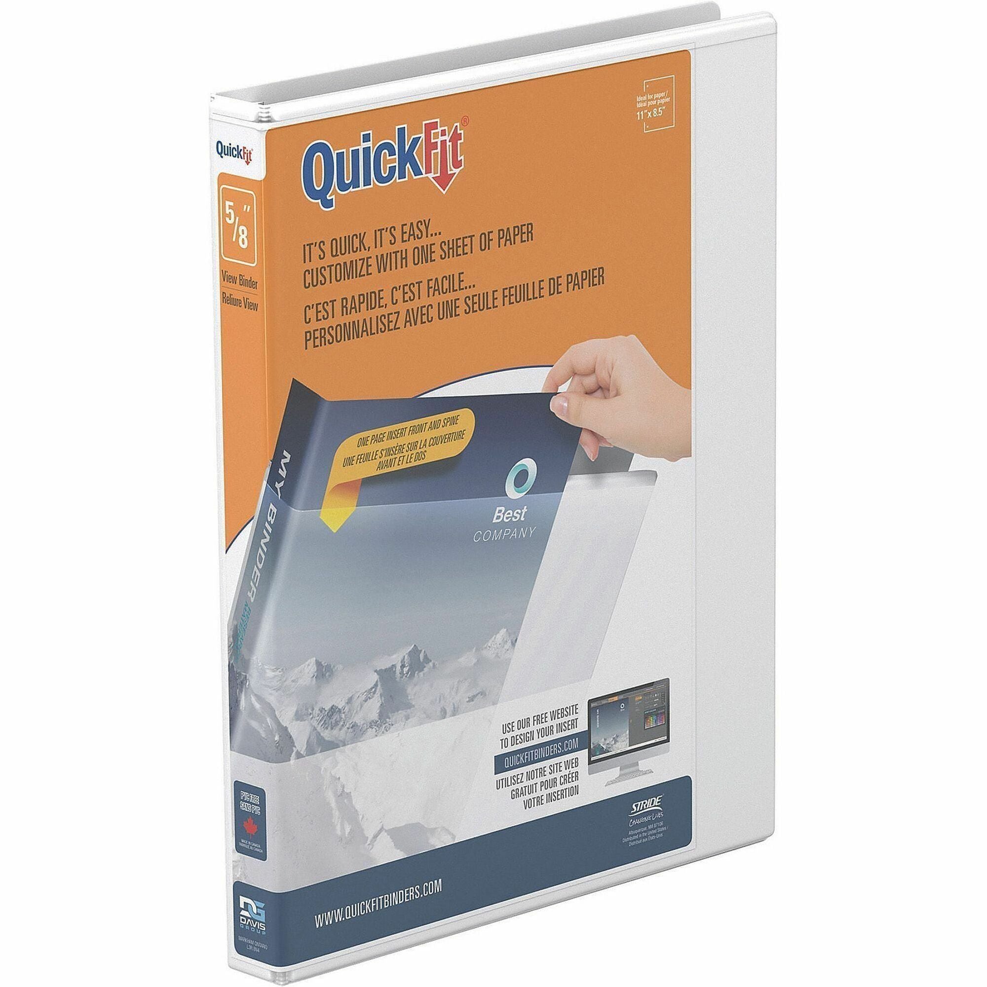 QuickFit View Binder, 3-Ring Binder, Angle D Ring, 5/8 Inch, White - 5/8" Binder Capacity - Letter - 8 1/2" x 11" Sheet Size - 150 Sheet Capacity - 3 x 0.63" Ring(s) - Fastener(s): D-Ring - Pocket(s): Internal - Polypropylene - White - Recycled - Clear...