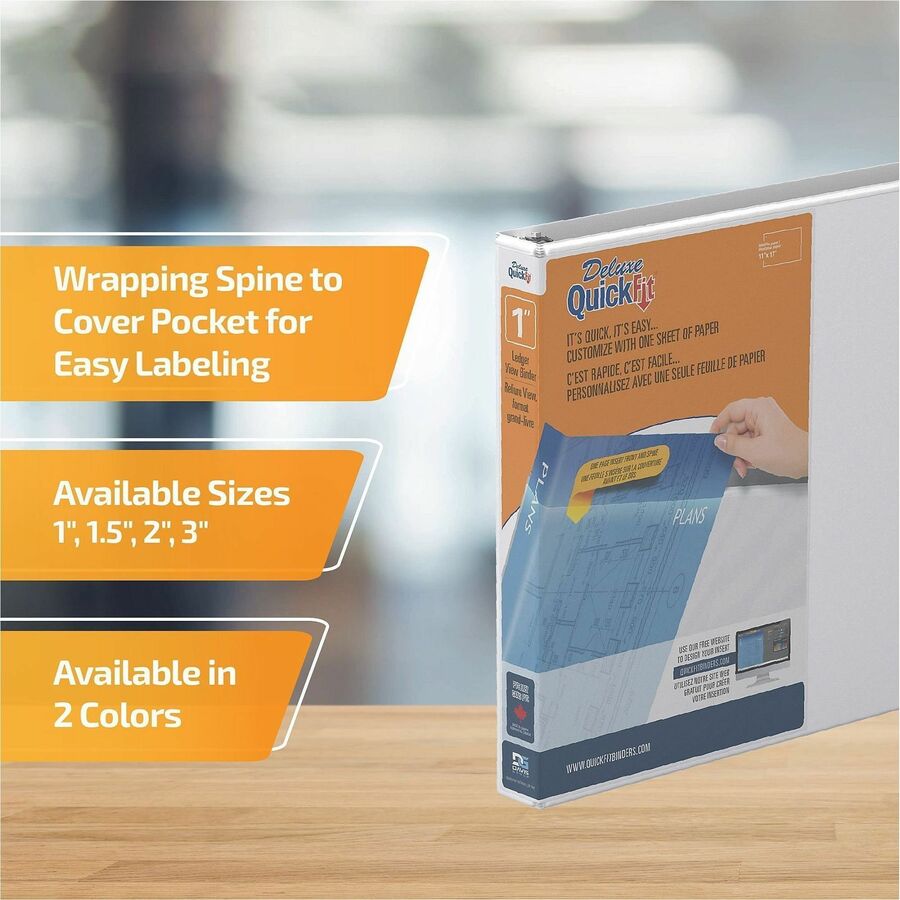 QuickFit Heavy-Duty Landscape 3-Ring Binder, D-Ring, View Binder, 1 Inch, White - 1" Binder Capacity - 11" x 17" Sheet Size - 225 Sheet Capacity - 3 x 1" Ring(s) - Fastener(s): D-Ring - Polypropylene - White - Recycled - Durable, Antimicrobial, Locking...