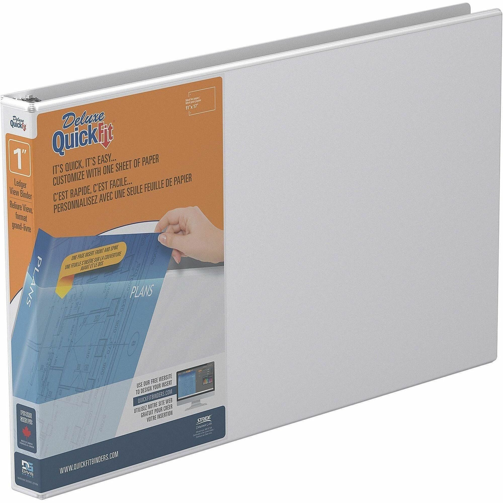 QuickFit Heavy-Duty Landscape 3-Ring Binder, D-Ring, View Binder, 1 Inch, White - 1" Binder Capacity - 11" x 17" Sheet Size - 225 Sheet Capacity - 3 x 1" Ring(s) - Fastener(s): D-Ring - Polypropylene - White - Recycled - Durable, Antimicrobial, Locking...