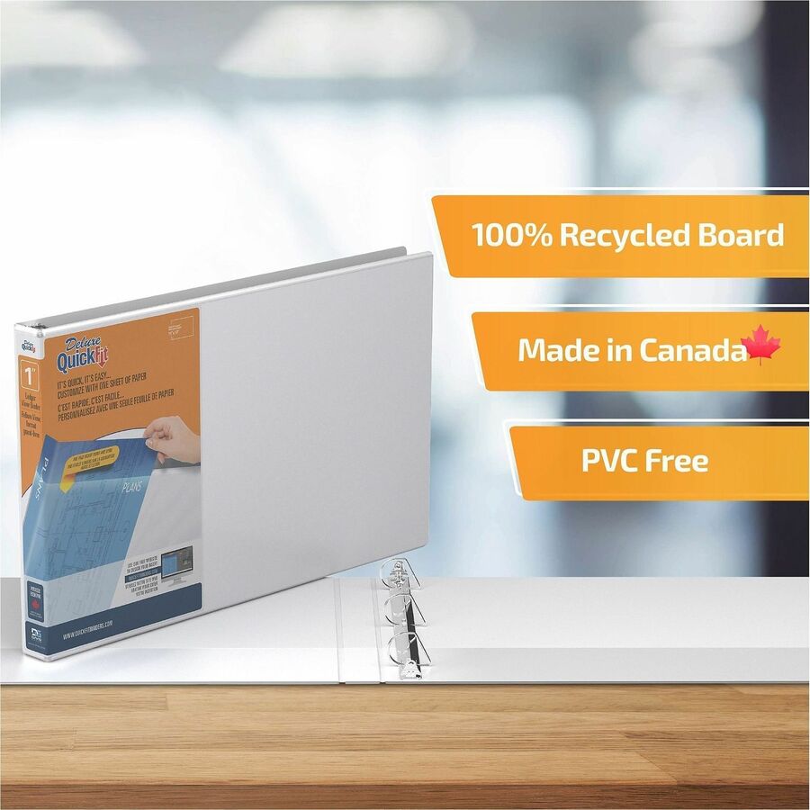 QuickFit Heavy-Duty Landscape 3-Ring Binder, D-Ring, View Binder, 1 Inch, White - 1" Binder Capacity - 11" x 17" Sheet Size - 225 Sheet Capacity - 3 x 1" Ring(s) - Fastener(s): D-Ring - Polypropylene - White - Recycled - Durable, Antimicrobial, Locking...