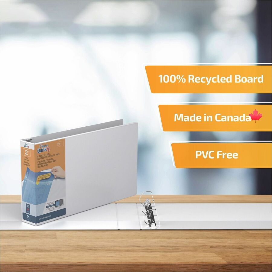 QuickFit Heavy-Duty Landscape 3-Ring Binder, D-Ring, View Binder, 2 Inch, White - 2" Binder Capacity - 11" x 17" Sheet Size - 475 Sheet Capacity - 3 x 2" Ring(s) - Fastener(s): D-Ring - Pocket(s): Internal - Polypropylene - White - Recycled - Clear Ove...