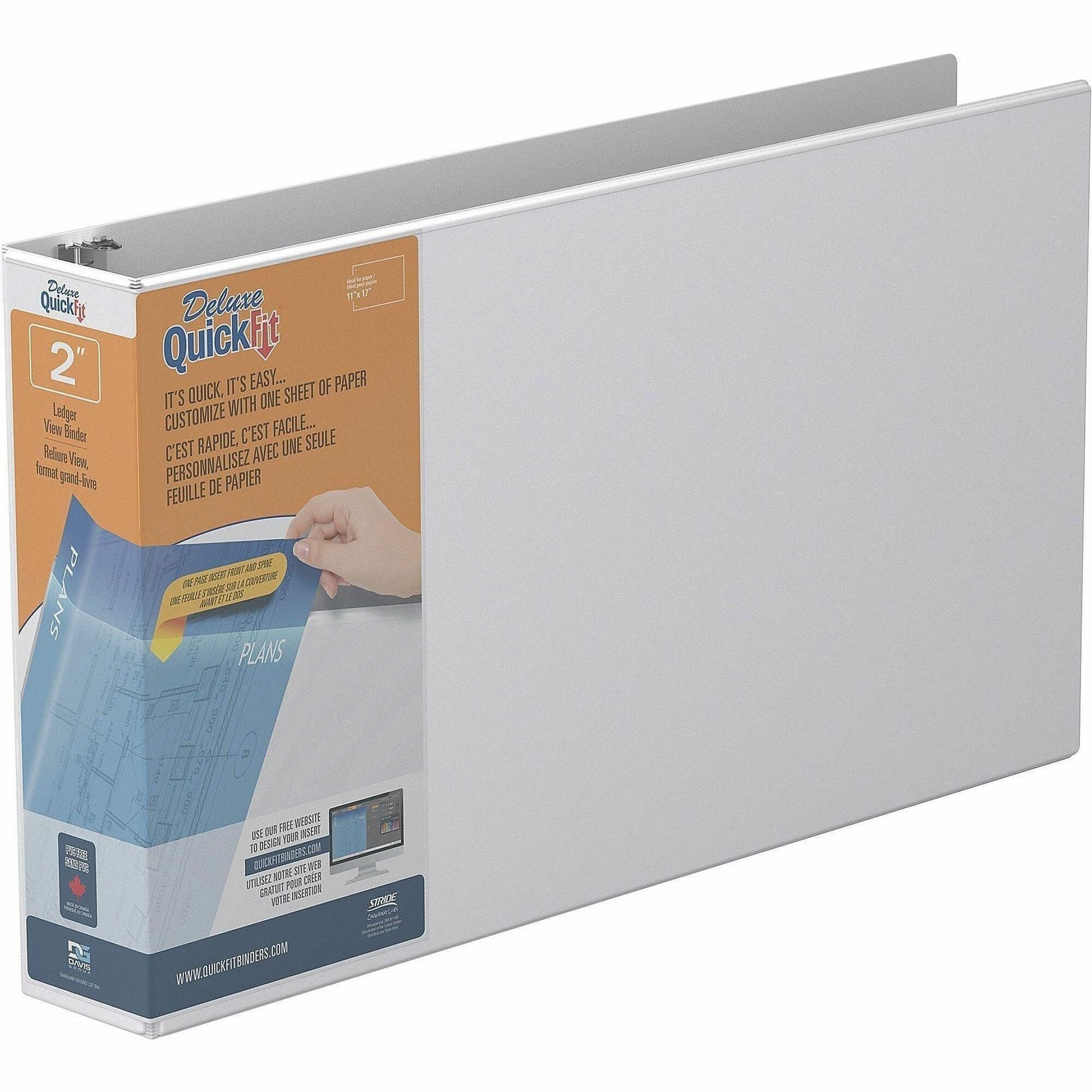 QuickFit Heavy-Duty Landscape 3-Ring Binder, D-Ring, View Binder, 2 Inch, White - 2" Binder Capacity - 11" x 17" Sheet Size - 475 Sheet Capacity - 3 x 2" Ring(s) - Fastener(s): D-Ring - Pocket(s): Internal - Polypropylene - White - Recycled - Clear Ove...