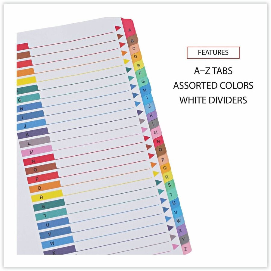 Universal Index Divider - 26 Printed Side Tab(s) - Character - A-Z - 8.5" Divider Width x 11" Divider Length - Letter - 3 Hole Punched - White Paper Divider - Assorted Paper Tab(s) - 30% Recycled - Double-sided, Mylar Reinforced Edge, Laminated Tab - 1...