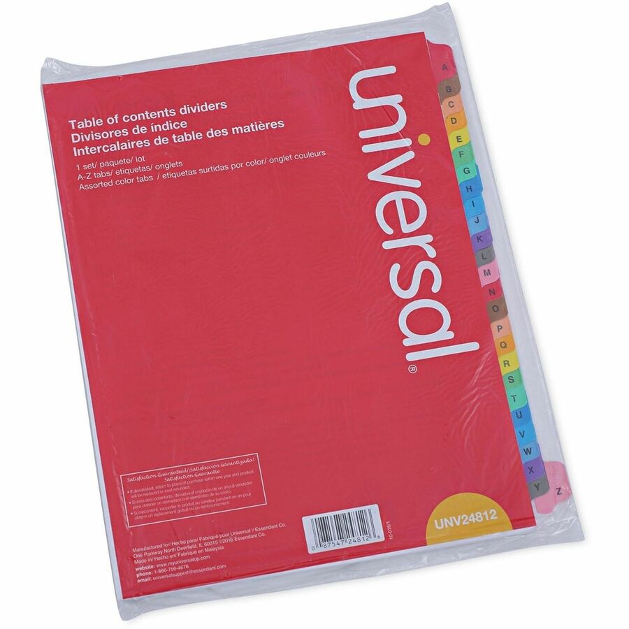 Universal Index Divider - 26 Printed Side Tab(s) - Character - A-Z - 8.5" Divider Width x 11" Divider Length - Letter - 3 Hole Punched - White Paper Divider - Assorted Paper Tab(s) - 30% Recycled - Double-sided, Mylar Reinforced Edge, Laminated Tab - 1...