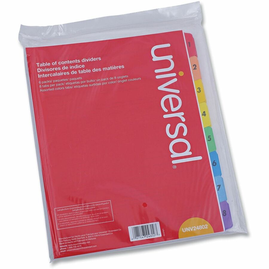 Universal Index Divider - 8 Printed Side Tab(s) - Digit - 1-8, Table of Contents - 8.5" Divider Width x 11" Divider Length - Letter - 3 Hole Punched - White Paper Divider - Assorted Paper Tab(s) - 30% Recycled - Double-sided, Mylar Reinforced Edge, Lam...