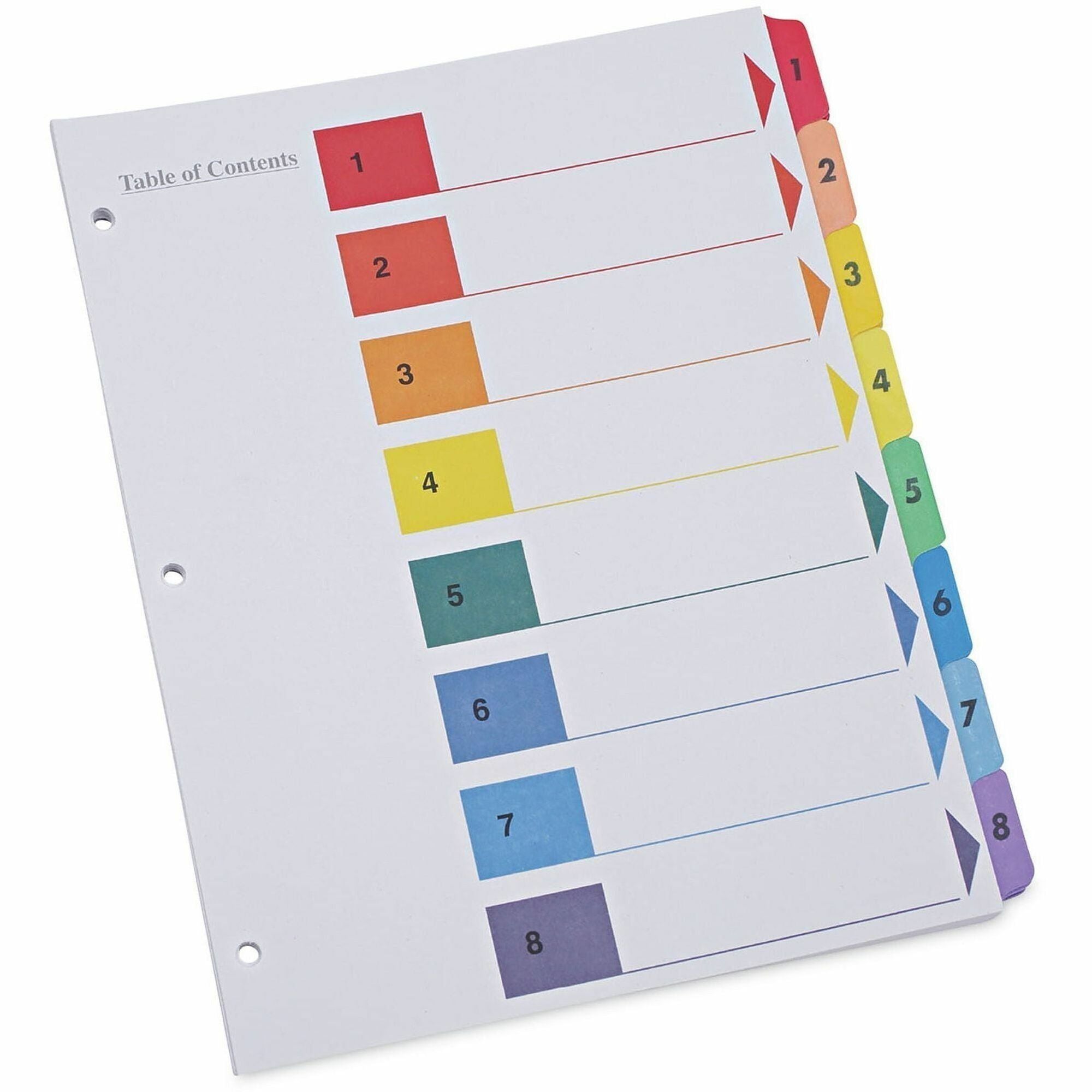 Universal Index Divider - 8 Printed Side Tab(s) - Digit - 1-8, Table of Contents - 8.5" Divider Width x 11" Divider Length - Letter - 3 Hole Punched - White Paper Divider - Assorted Paper Tab(s) - 30% Recycled - Double-sided, Mylar Reinforced Edge, Lam...