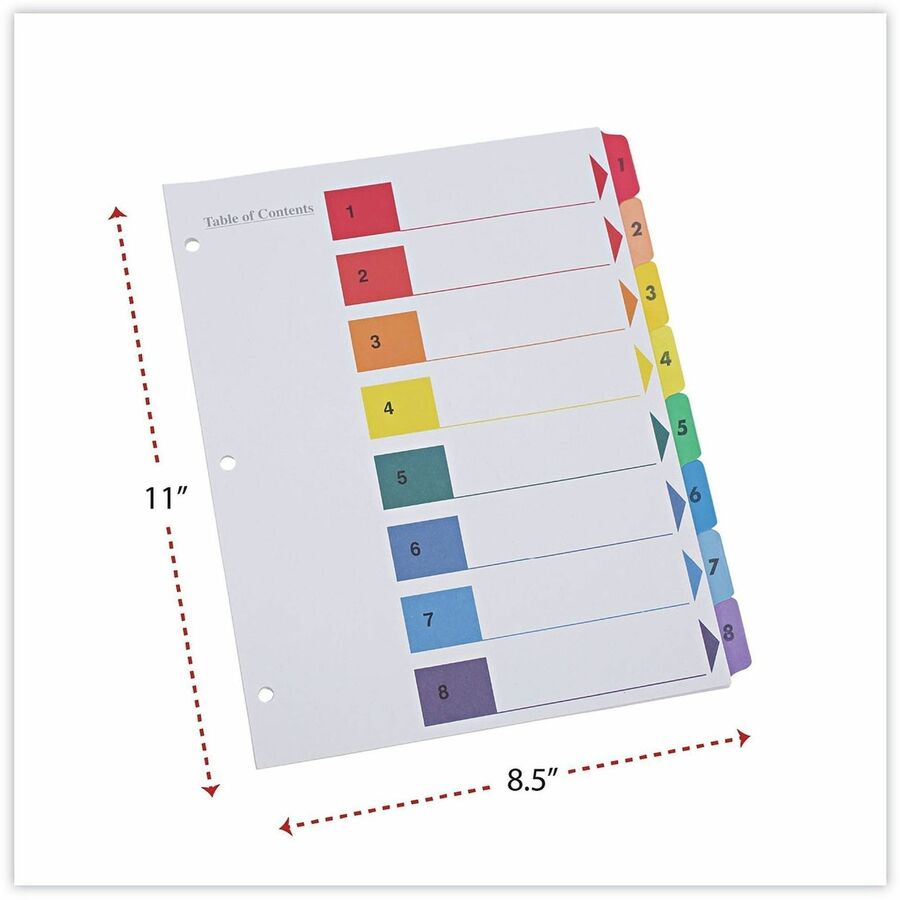 Universal Index Divider - 8 Printed Side Tab(s) - Digit - 1-8, Table of Contents - 8.5" Divider Width x 11" Divider Length - Letter - 3 Hole Punched - White Paper Divider - Assorted Paper Tab(s) - 30% Recycled - Double-sided, Mylar Reinforced Edge, Lam...