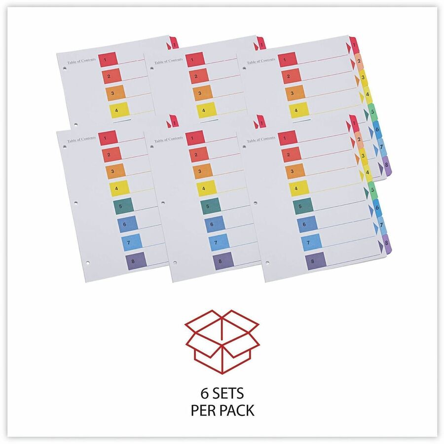 Universal Index Divider - 8 Printed Side Tab(s) - Digit - 1-8, Table of Contents - 8.5" Divider Width x 11" Divider Length - Letter - 3 Hole Punched - White Paper Divider - Assorted Paper Tab(s) - 30% Recycled - Double-sided, Mylar Reinforced Edge, Lam...